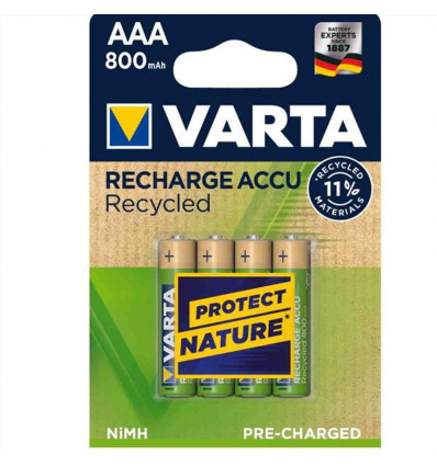 RECYCLED Batteria Ricaricabile AAA Ministilo, 800 mAh, Confezione da 4 Pile, Pre-caricate, Pro