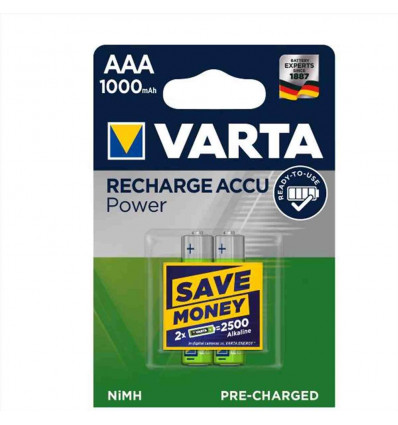 Varta Batteria Ricaricabile AAA MiniStilo, 1000 mAh, Confezione da 2 Pezzi, Pre-caricate