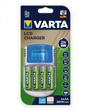 Varta Caricabatterie LCD per AA AAA con 4 Batterie AA 2600 mAh, Adattatore 12V e Cavo USB Inclusi