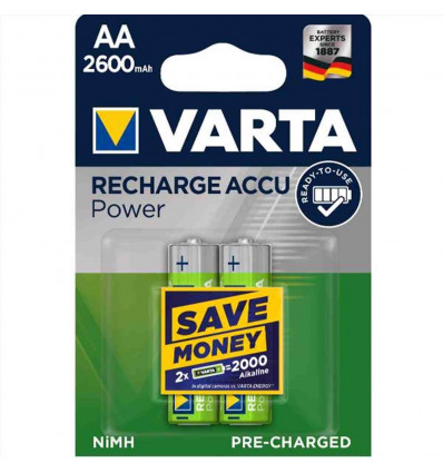 Varta Batteria Ricaricabile AA Stilo, 2600 mAh, Confezione da 2 Pezzi, Pre-caricate