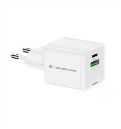 CARICATORE PD USB 2-PORTE 20W GaN (1x USB-C, 1x USB-A, QC 3.0, PPS) - BIANCO