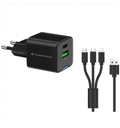 CARICATORE PD USB GaN 2-PORTE da 33W con cavo di ricarica 3 in 1, (1x USB-C, 1x USB-A, QC 3.0, PPS) - NERO