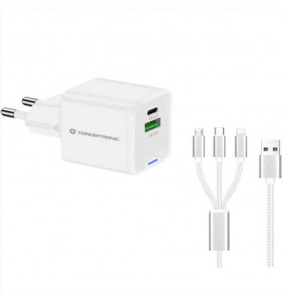 CARICATORE PD USB GaN 2-PORTE da 33W con cavo di ricarica 3 in 1, (1x USB-C, 1x USB-A, QC 3.0, PPS) - BIANCO