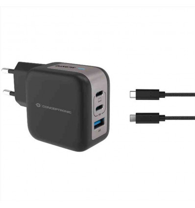 CARICATORE PD USB GaN 3-PORTE da 67 W con cavo di ricarica USB-C, (2x USB-C, 1x USB-A, QC 3.0, PPS) - NERO