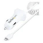 StarTech.com Caricatore da auto a due porte USB con cavo Lightning a spirale integrato da 1m; Adattatore accendisigari USB per Cellulari e Tablet; Carica Batterie per auto a 12W per iPhone/Tablet - Bianco